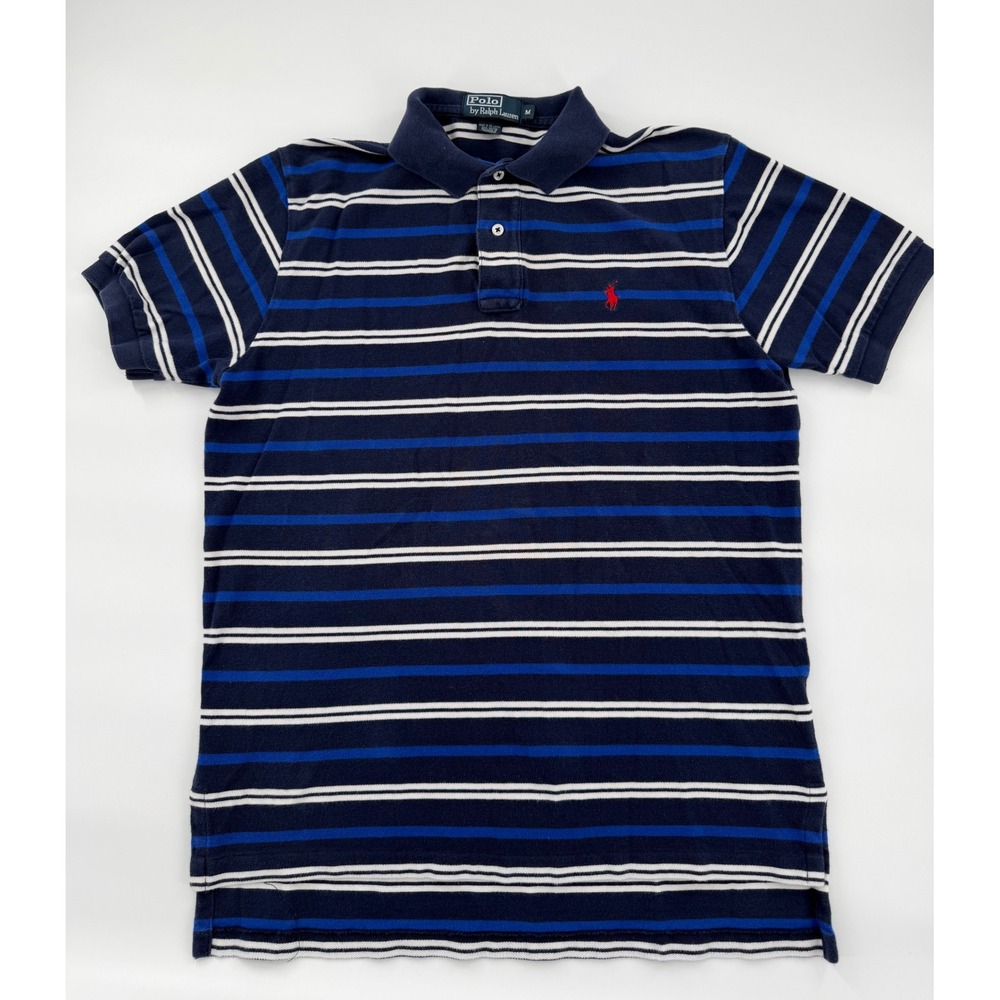 Polo Ralph Lauren Mens Medium Navy Blue Striped Short Sleeve Cotton Polo Shirt